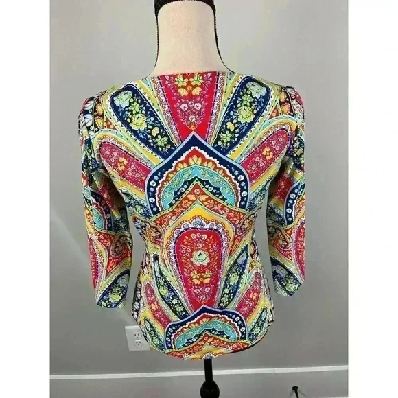 J. Mclaughlin Geometric Catalina Cloth Blouse S Colorful 3/4 Sleeve Spandex - Picture 7 of 12
